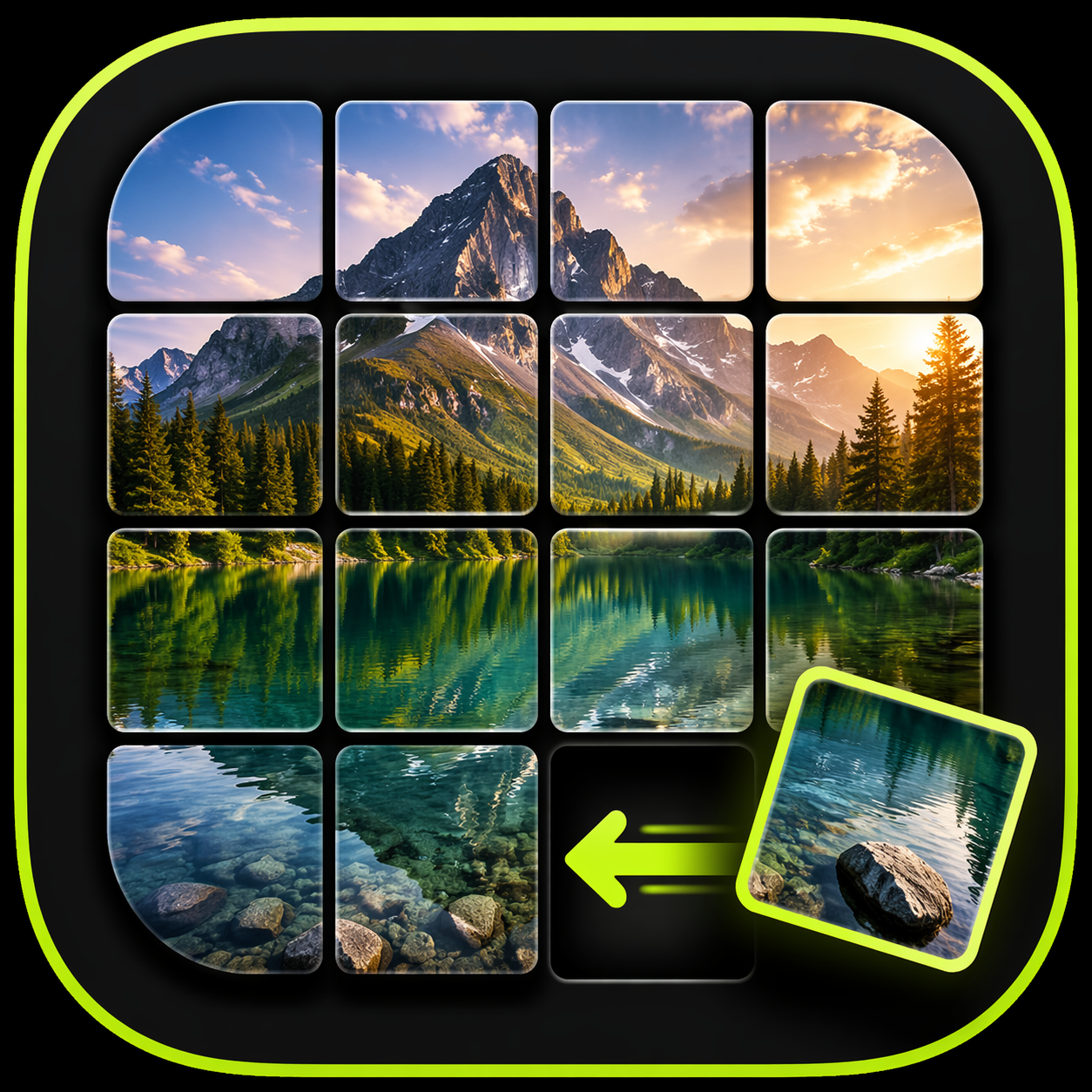 Sliding Picture Puzzle artwork: mountain and lake picture divided into sliding tiles